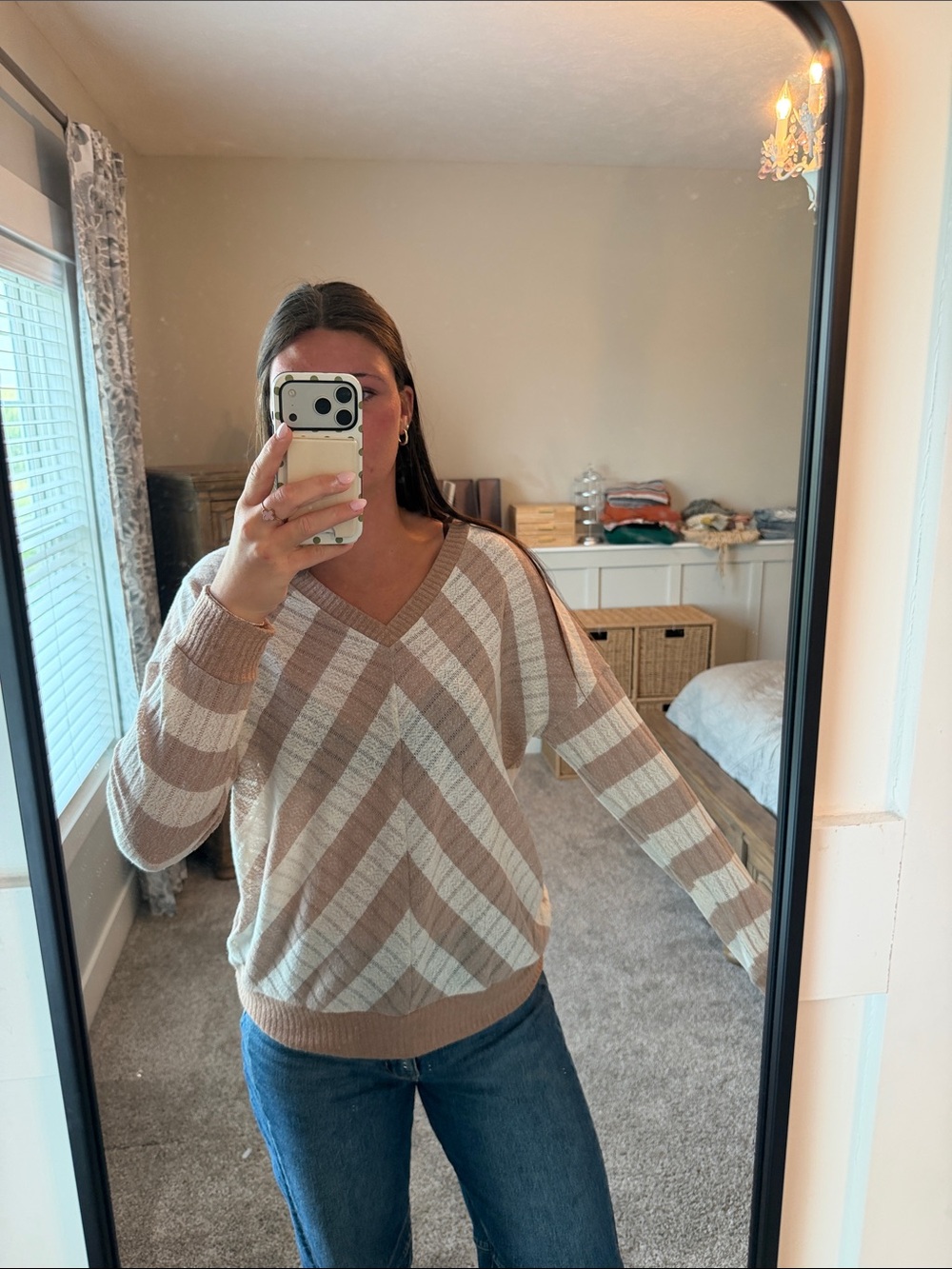 Doe & Rae Chevron V-Neck Sweater in Cream and Tan
